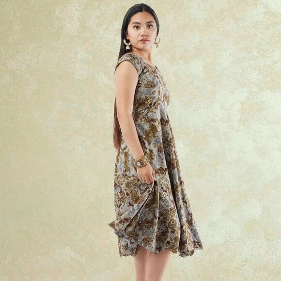 Brown and Grey Printed Rayon Knee-Length Dress | Muvvas Boutique - Picture 5 of 6